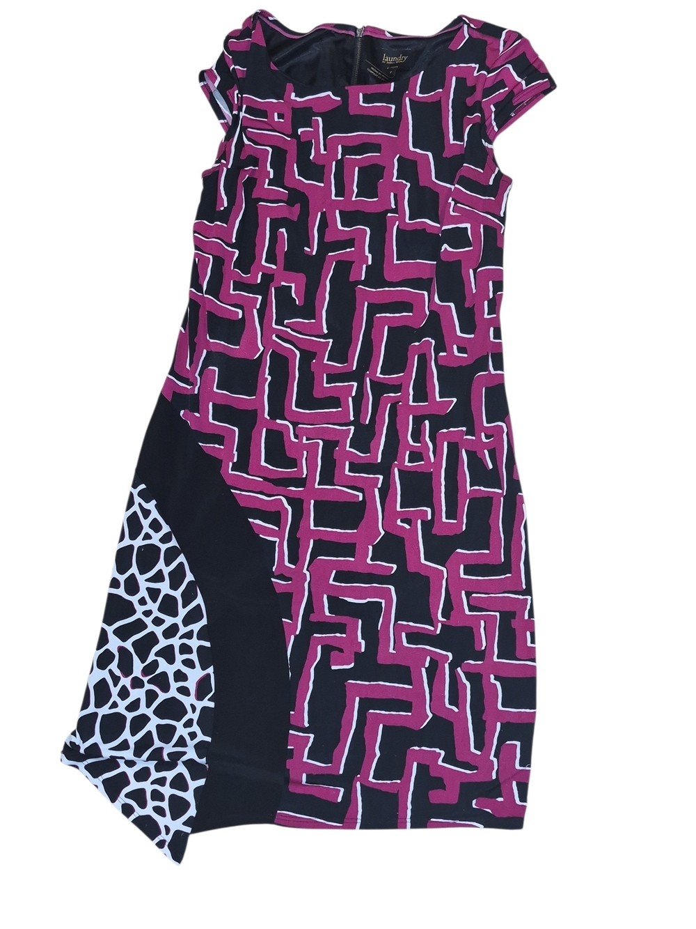 Laundry By Shelli Segal Black and Magenta Geometric Cap-Sleeve Dress